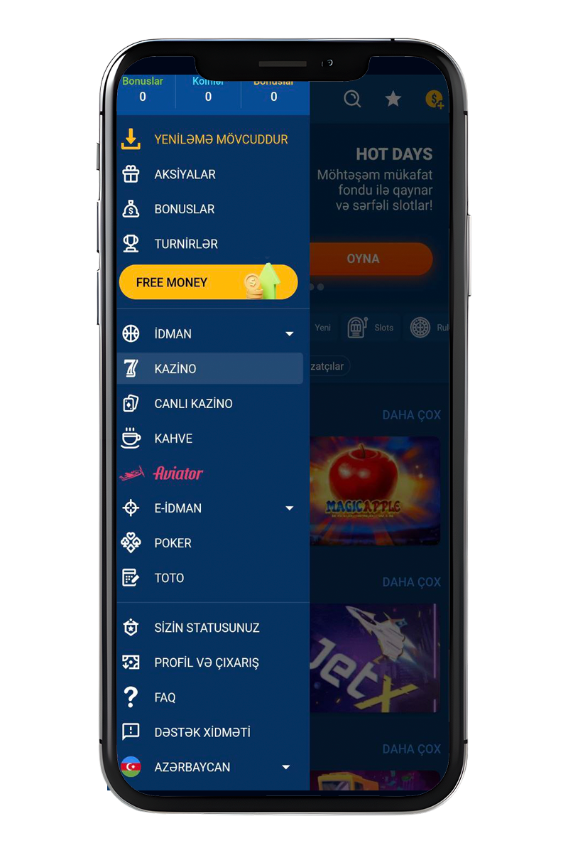 Mobil tətbiqin əsas menyusunun ekran görüntüsü